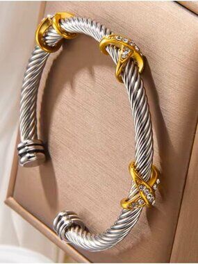 Two-Tone Silver and Gold Twisted Cable Cuff with Crystal Knots